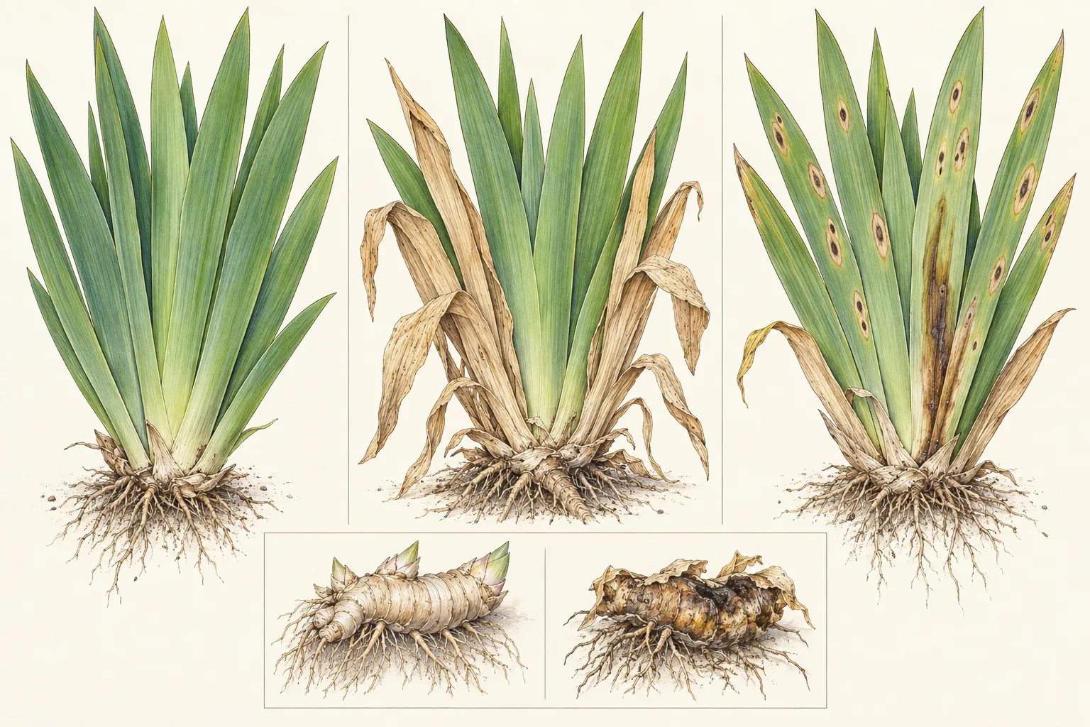 Three bearded iris fans showing healthy green leaves, natural tan dieback, and spotted water-soaked damage above firm and decayed rhizomes