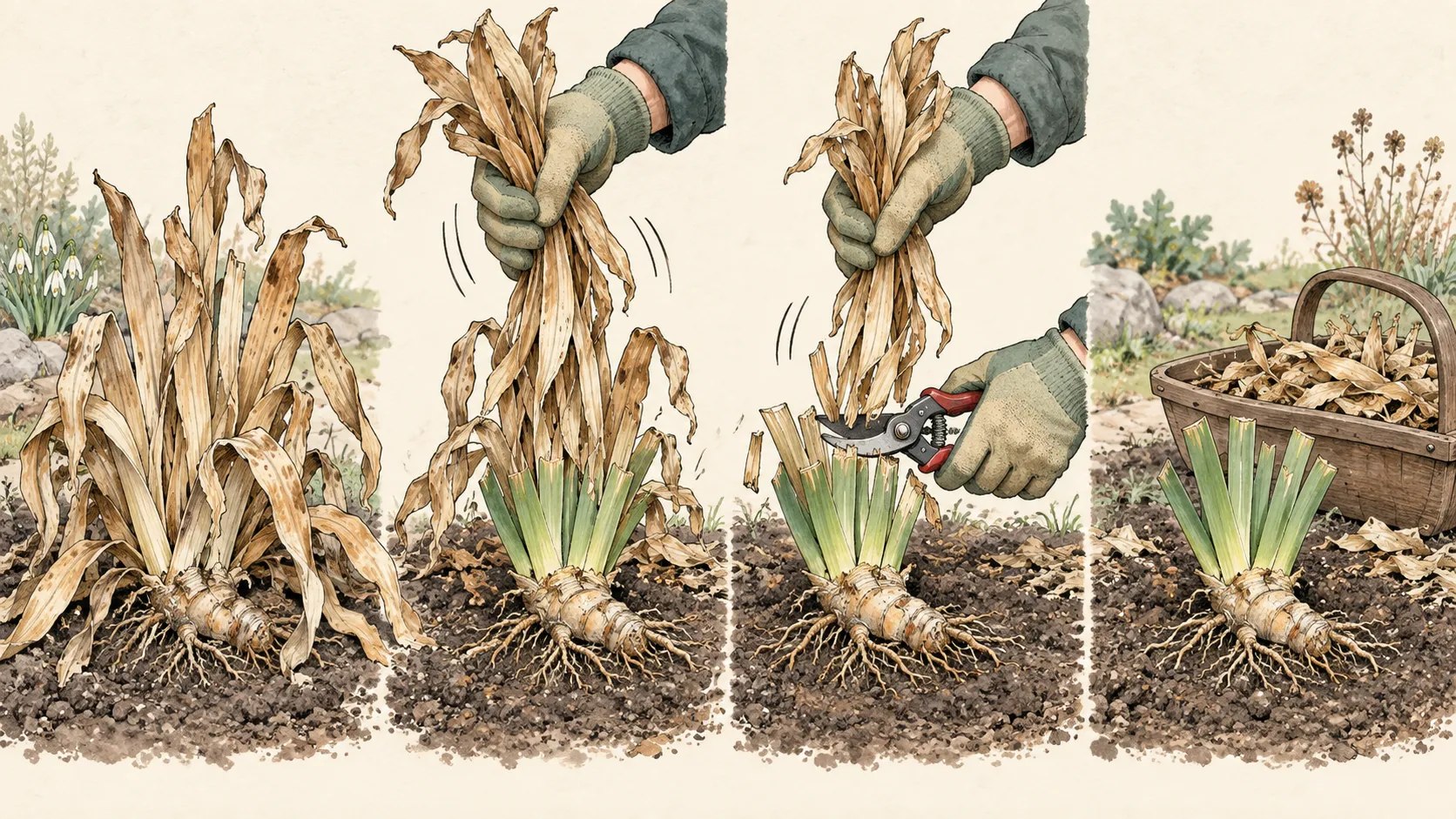 Four-stage sequence of gathering dead iris leaves, cutting them above the fan base, collecting debris, and leaving a visible firm rhizome
