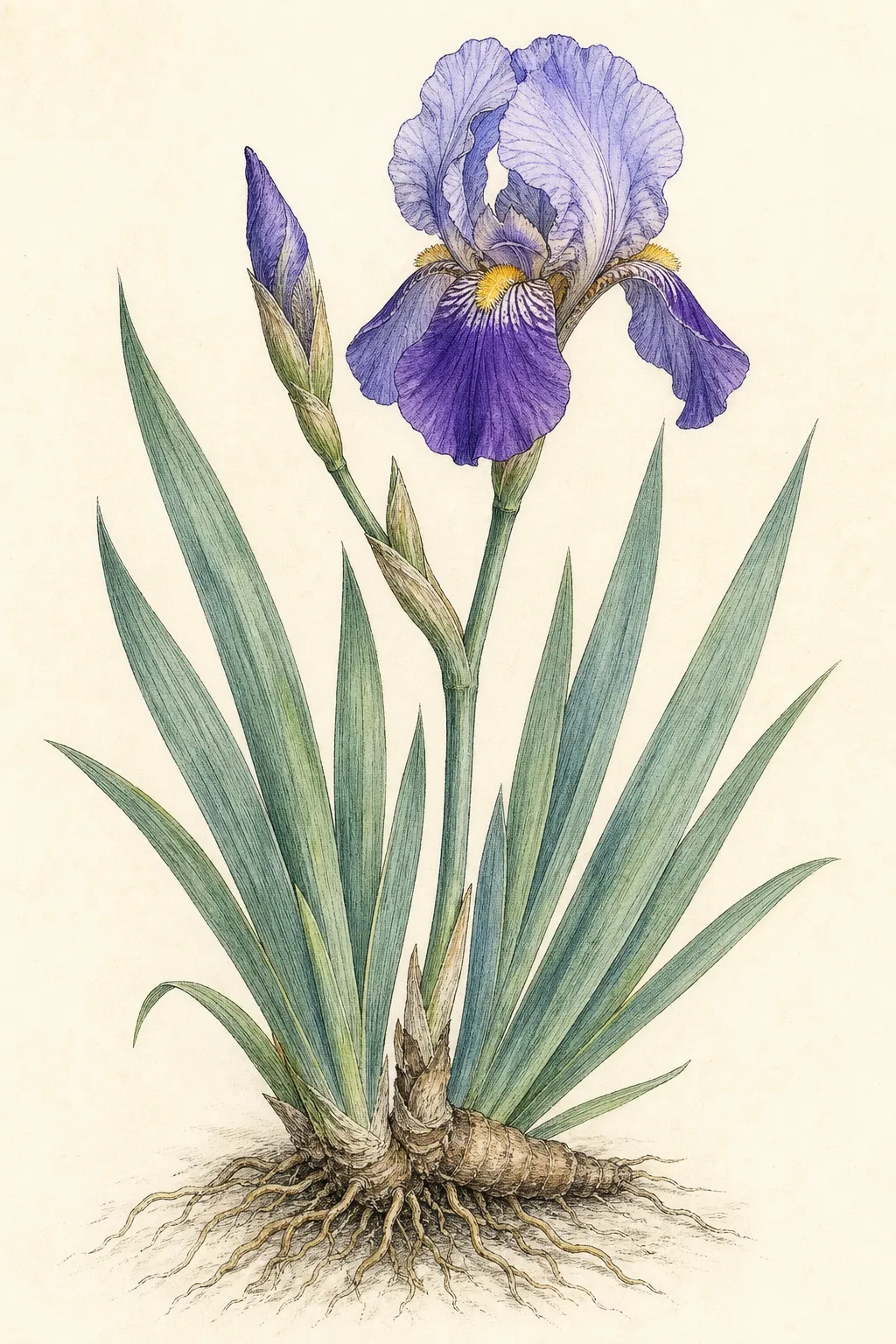 Bearded iris specimen with sword-shaped leaves, horizontal rhizome and violet flower showing standards, falls and beard
