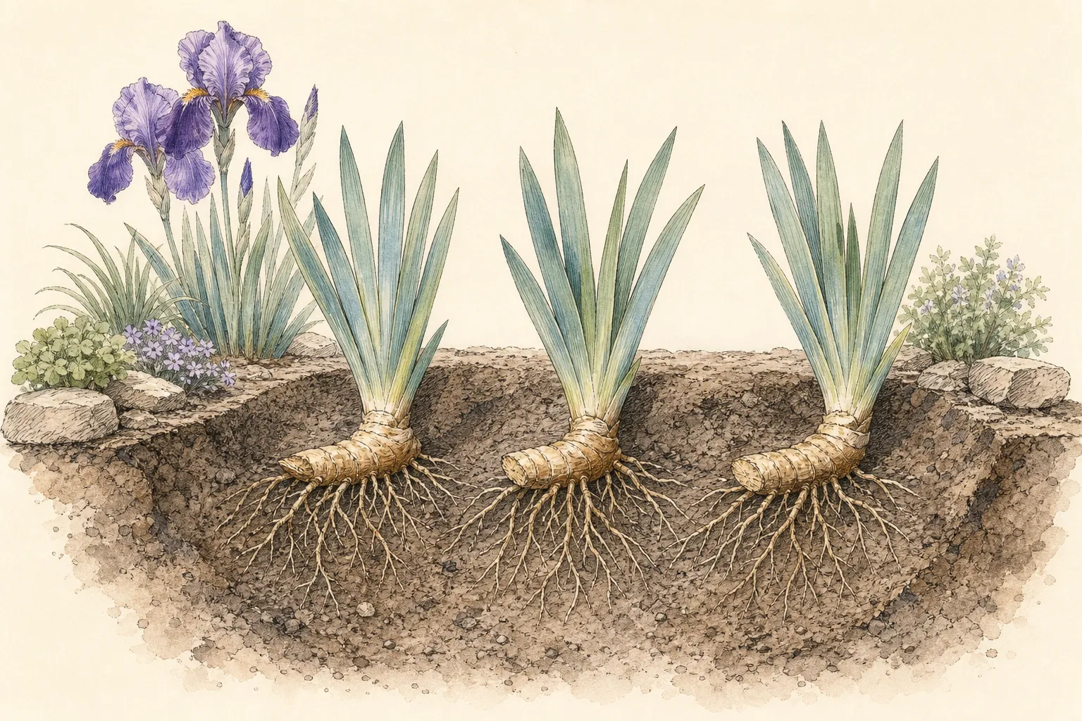 Wide soil section with bearded iris rhizomes at the surface and fibrous roots spread into the soil below