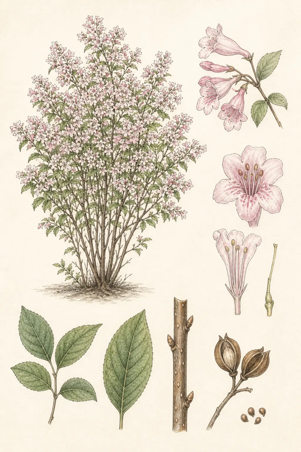Botanical identification plate of Beauty Bush, Kolkwitzia amabilis