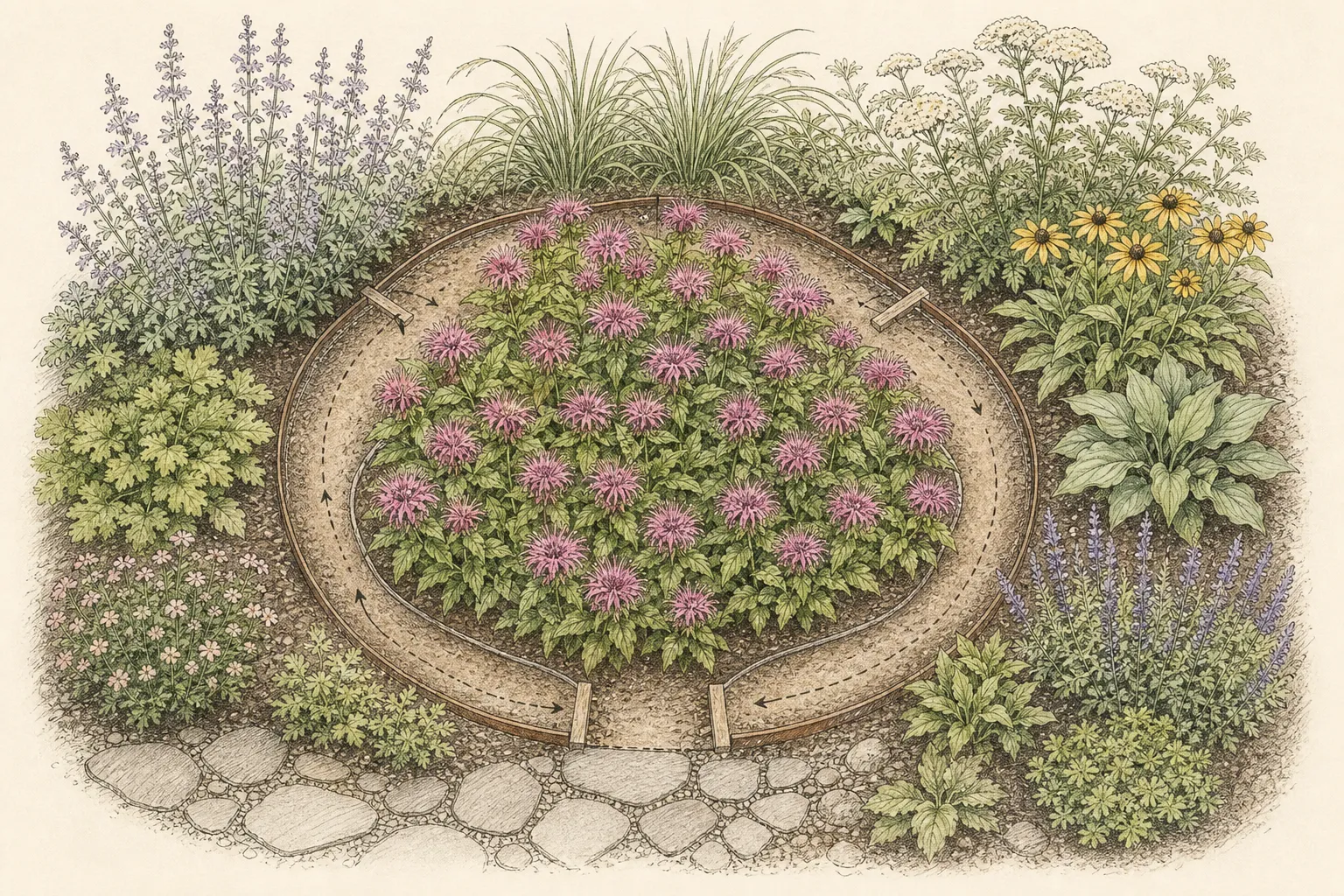Garden study showing the placement and growth habit of Bee Balm
