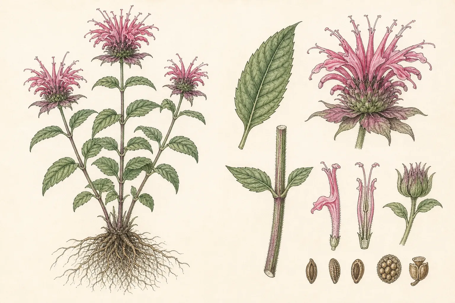 Botanical identification plate of Bee Balm, Monarda didyma