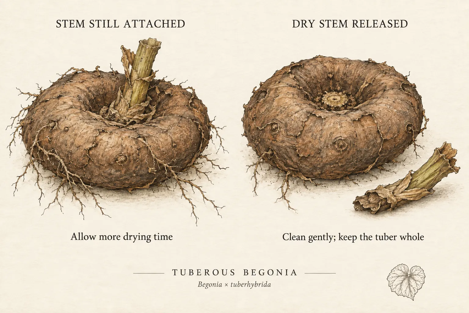Two tuberous begonia specimens compare an attached drying stem with a dry stem that has released from the intact crown