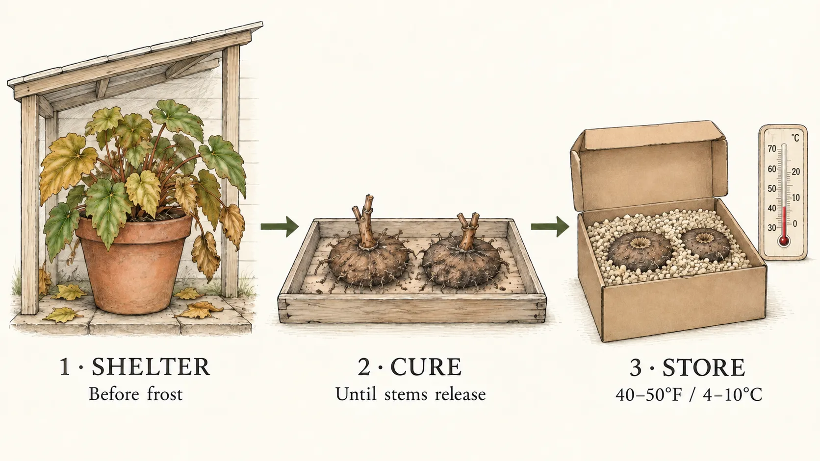 Three illustrated stages show a sheltered yellowing begonia pot, an open curing tray and cleaned tubers in a cool storage box