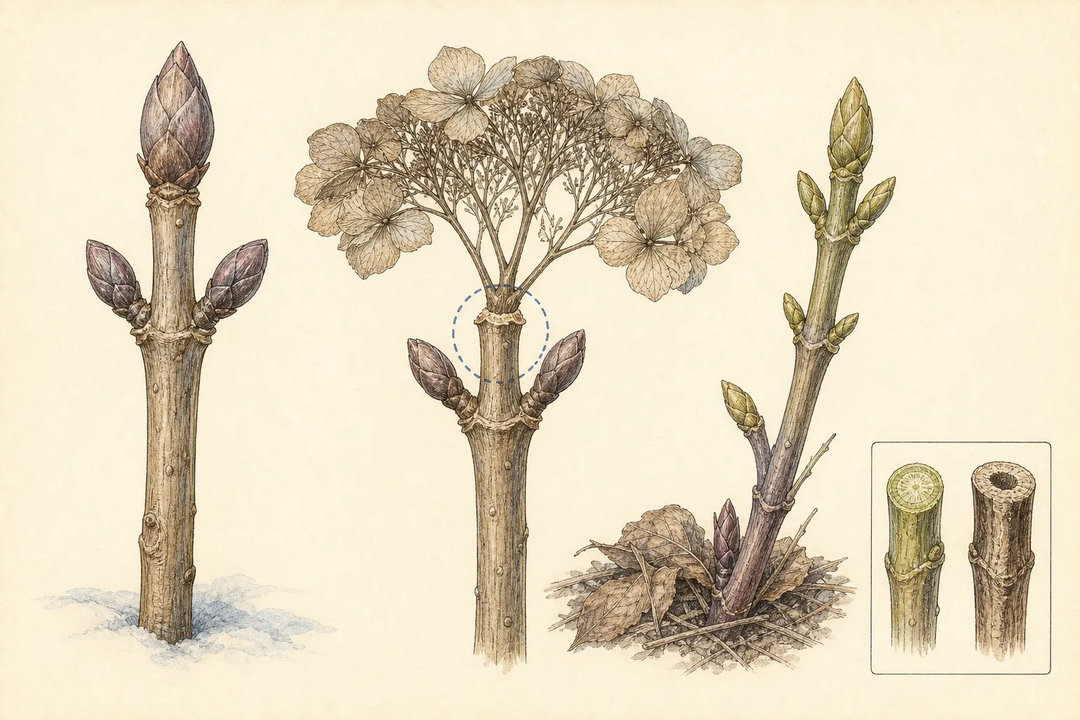 Dormant bigleaf hydrangea stem studies showing plump terminal and lateral buds on old wood, a previous flower position, and contrasting new basal shoots