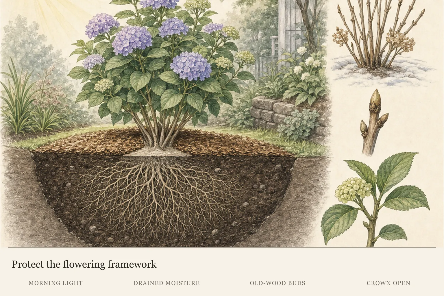 Bigleaf hydrangea care cross-section showing morning light, a broad drained root zone, crown-clear mulch and old-wood flower buds
