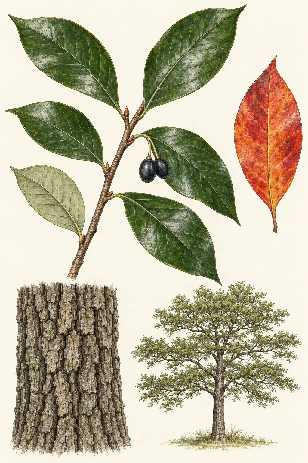 Nyssa sylvatica identification plate showing alternate simple leaves, two blue-black drupes, a scarlet leaf and blocky mature bark