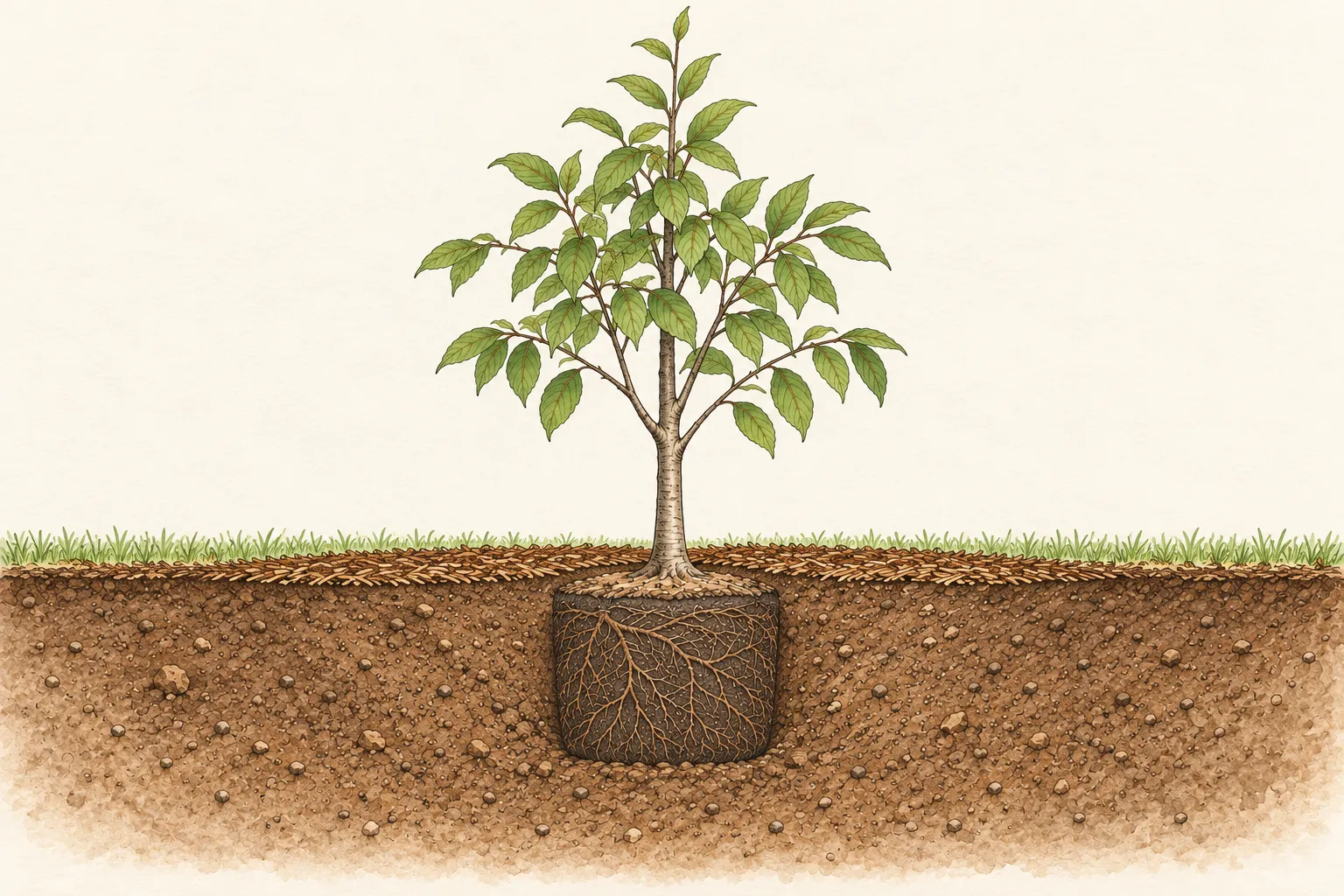 Young black gum planting cutaway with root flare at grade, a broad backfilled hole and flat mulch kept away from the trunk
