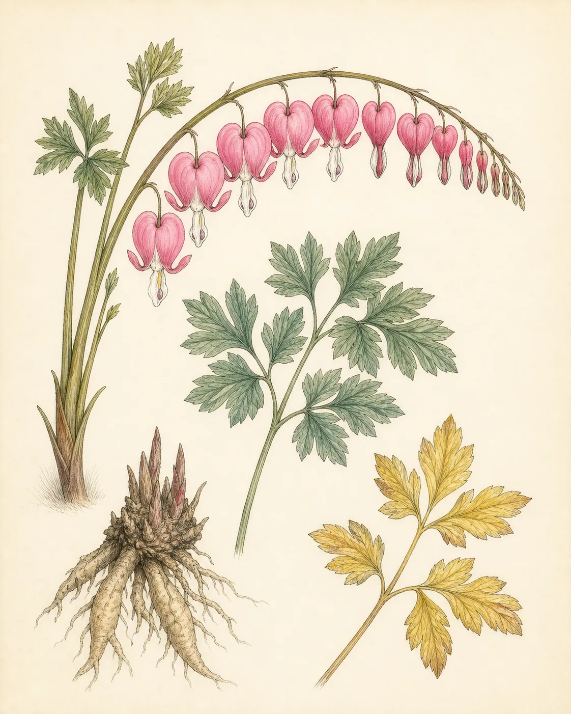 Botanical plate of old-fashioned bleeding heart showing the arching flowering stem, pendent heart-shaped flower, divided leaf and fleshy crown