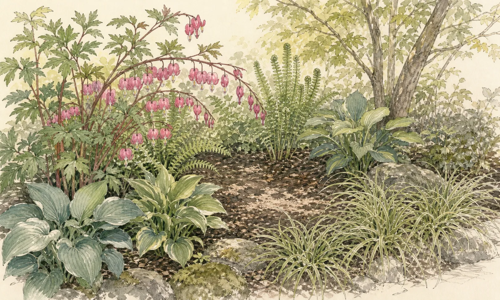 Woodland border showing bleeding heart among later-emerging hosta, fern and hardy geranium with its summer dormant space still open