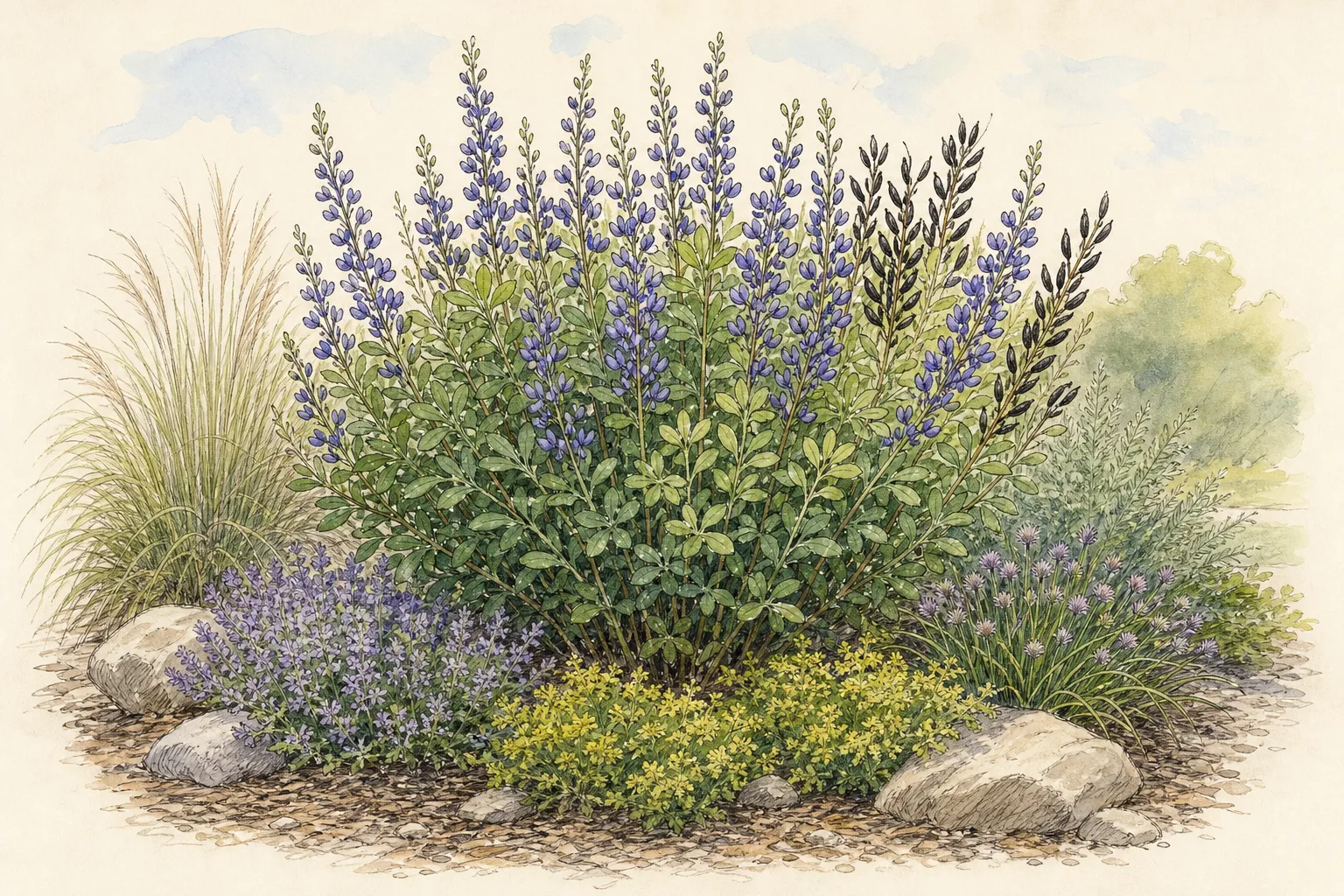 Garden placement study showing mature Blue False Indigo in an ornamental planting