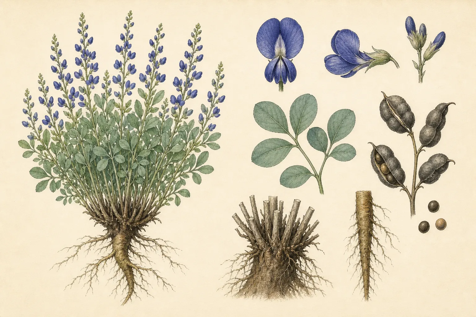Botanical identification plate of Blue False Indigo, Baptisia australis