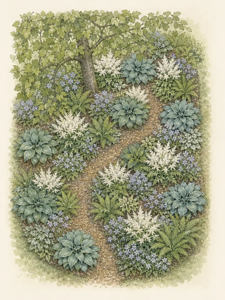 Layered shade border plan using broad blue-green hostas, silver brunnera leaves, white-edged foliage and fine arching grasslike texture