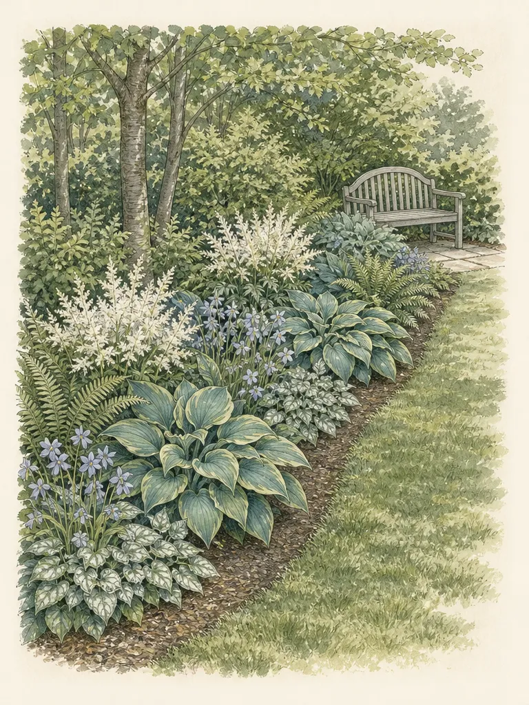 Four-season shade border plan showing spring blue flowers, summer blue-green and white foliage, autumn highlights and winter structural gaps