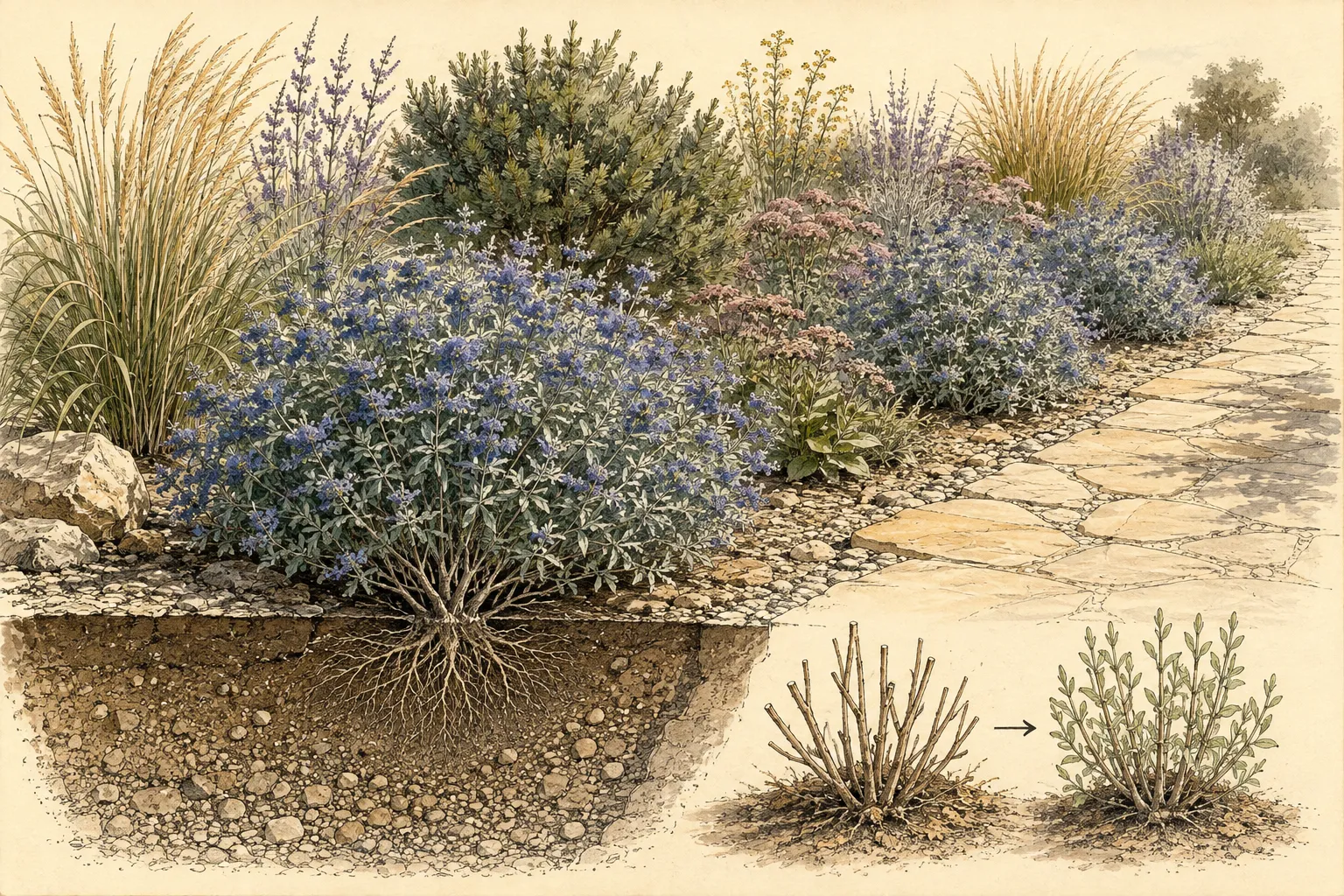 Garden placement study showing bluebeard in a sunny gravelly border with ornamental grasses, sedum, a path and a well-drained root zone