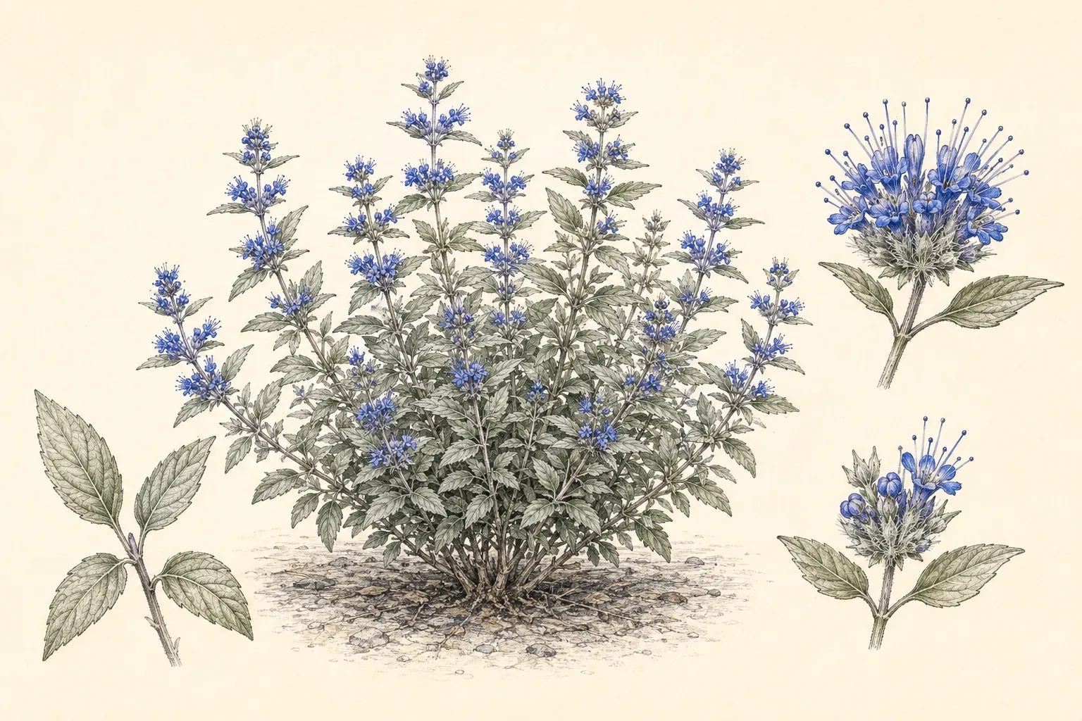 Botanical identification plate of bluebeard showing the low rounded shrub, opposite gray-green leaves, axillary blue flower clusters and bearded flower bases