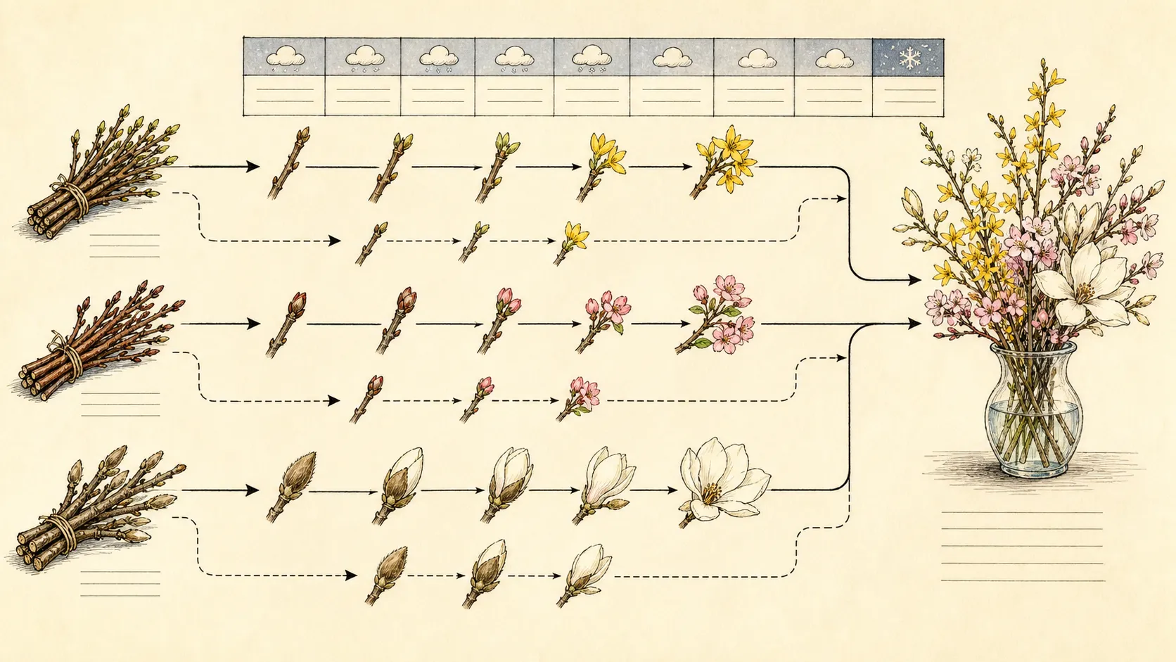 Backward planning calendar linking an indoor flower date to trial, main cutting, conditioning, and opening windows