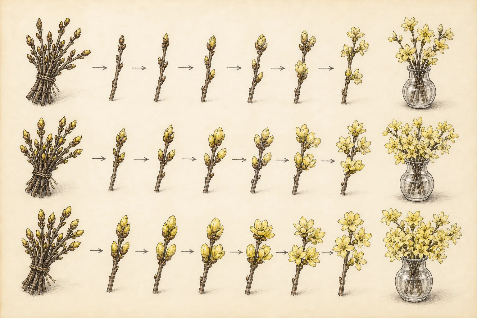 Three-stage flowering-shrub trial showing cut branches, swelling buds, and open indoor flowers beside observation notes