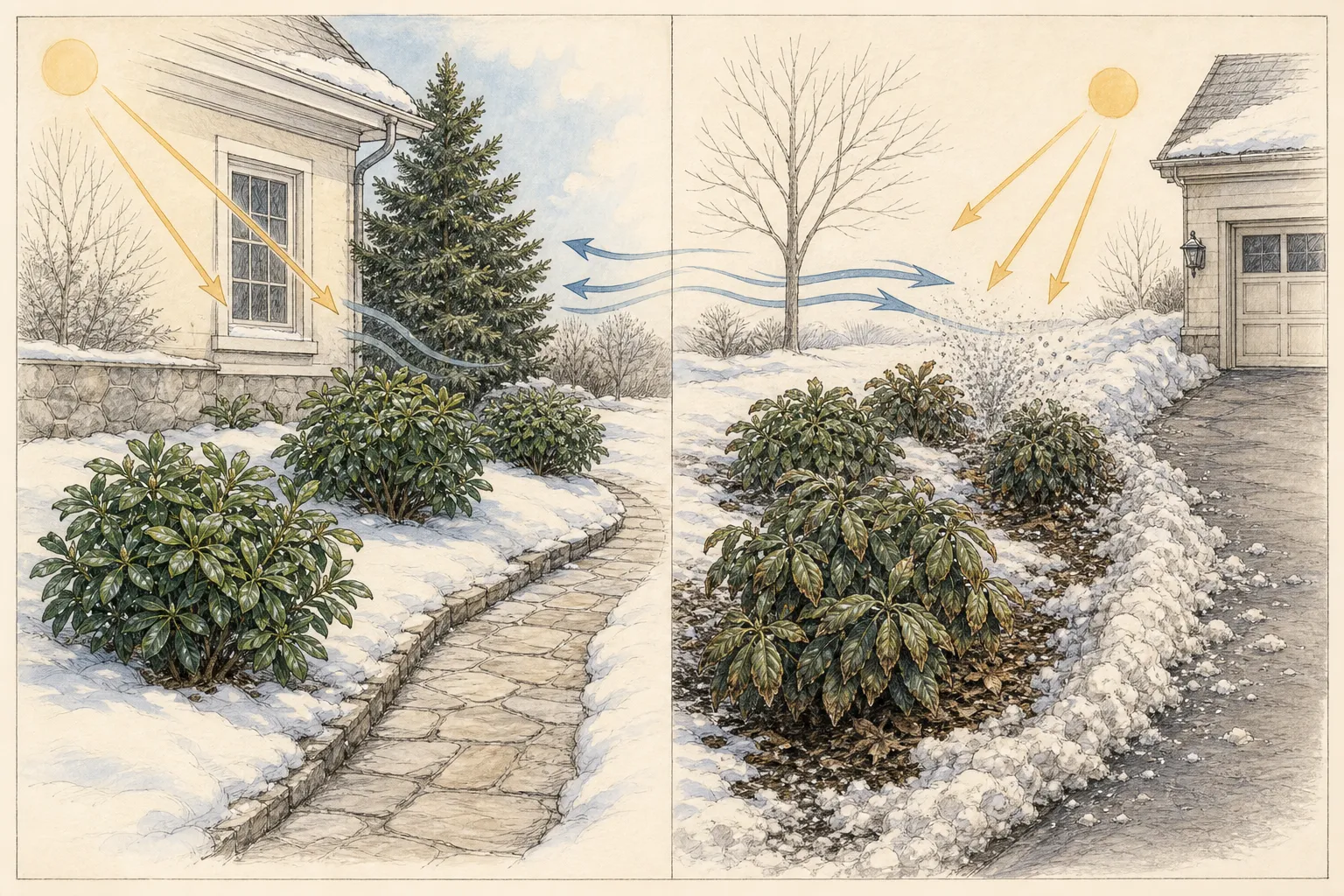 Side-by-side winter comparison of broadleaf evergreen shrubs in a sheltered house-side bed versus an exposed driveway-edge bed with glare, dry wind, and plowed snow
