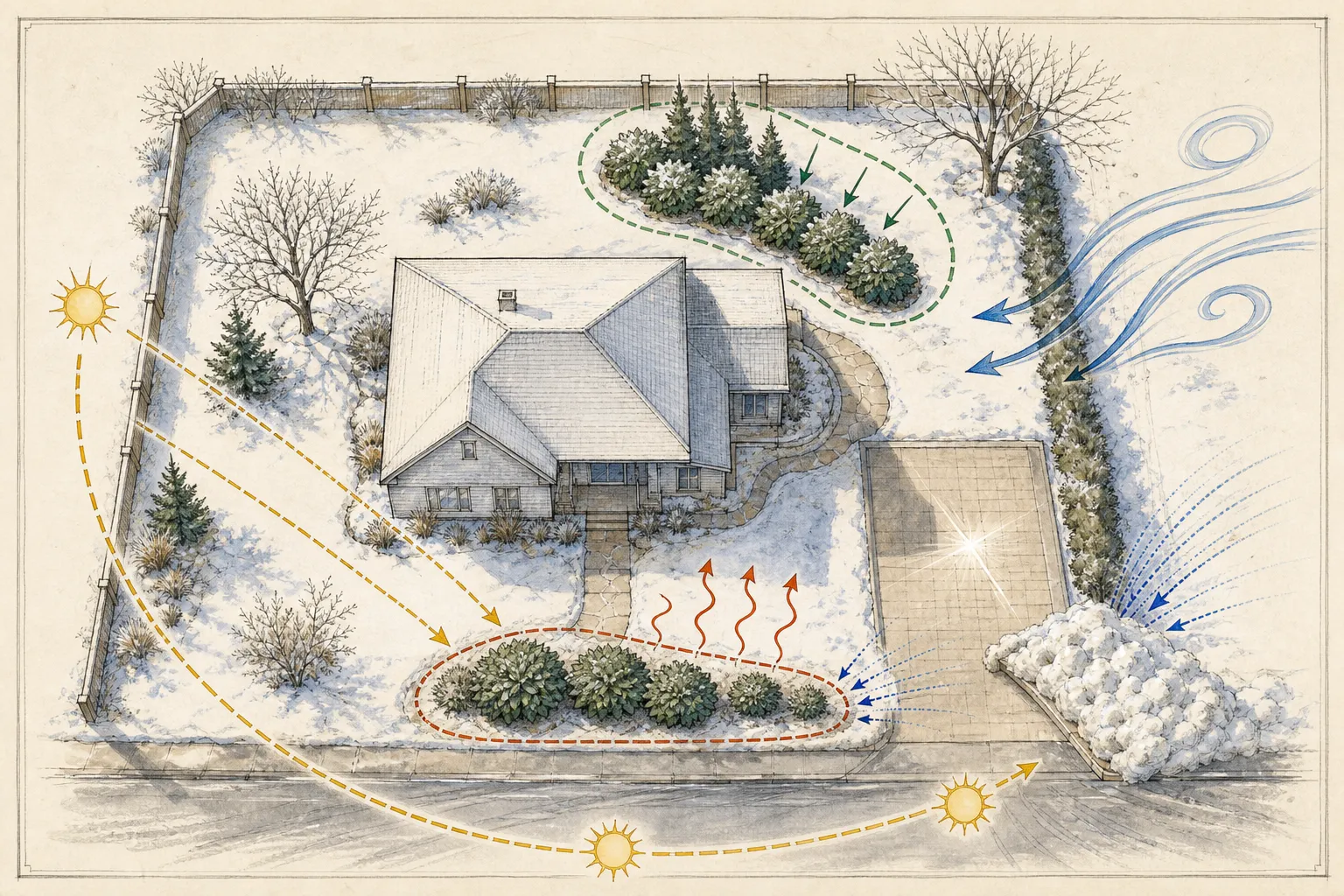 Overhead winter site plan showing protected east and north shrub beds, exposed south-west frontage, wind direction, winter sun path, snow piles, and mature broadleaf evergreen outlines