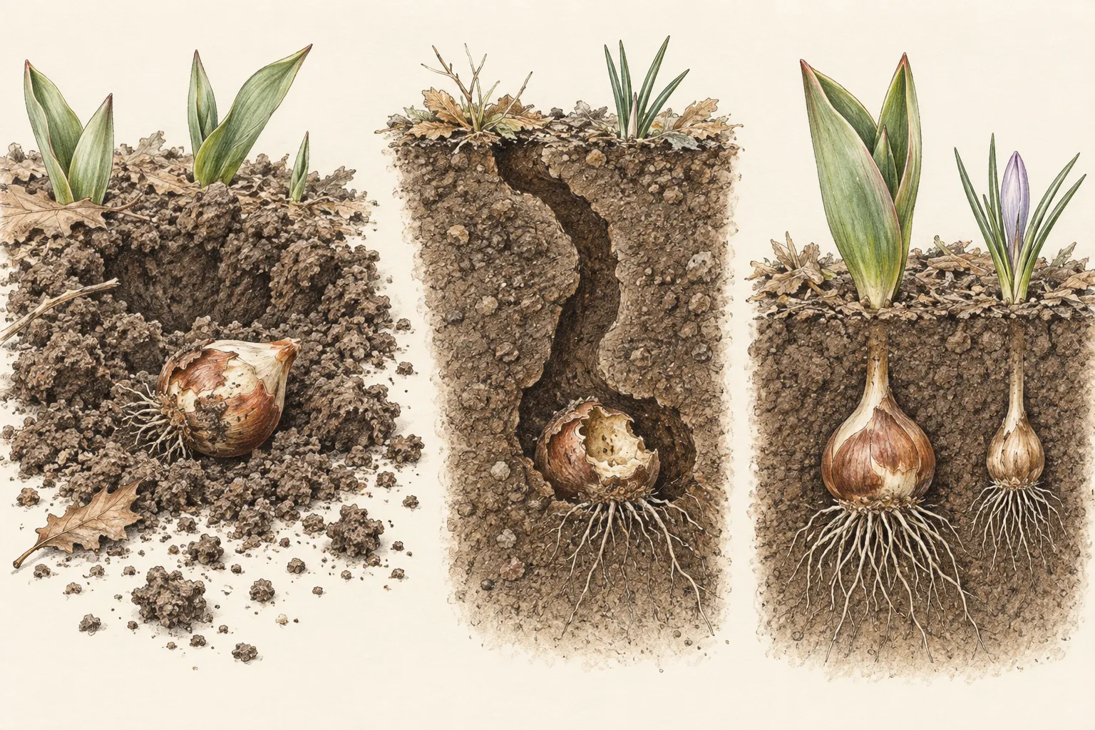 Comparison of surface digging, an underground tunnel reaching a damaged bulb, and intact tulip and crocus growth