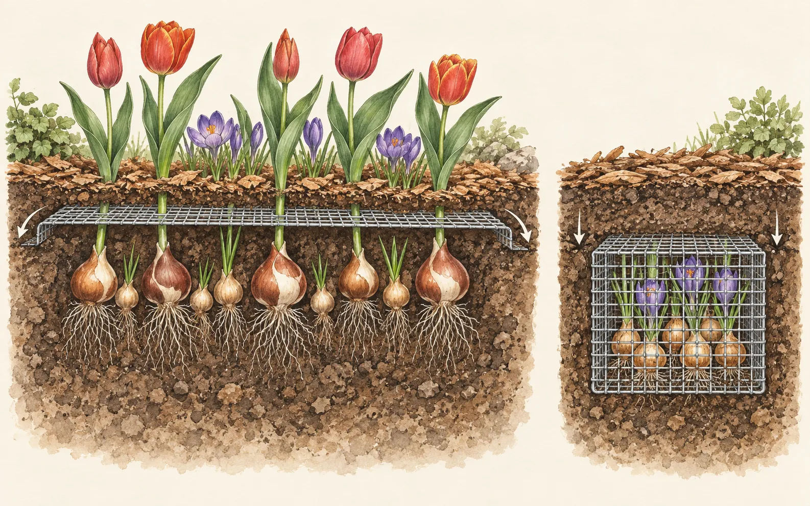 Soil sections compare a wide horizontal mesh cover above bulbs with a complete wire cage around a smaller bulb group