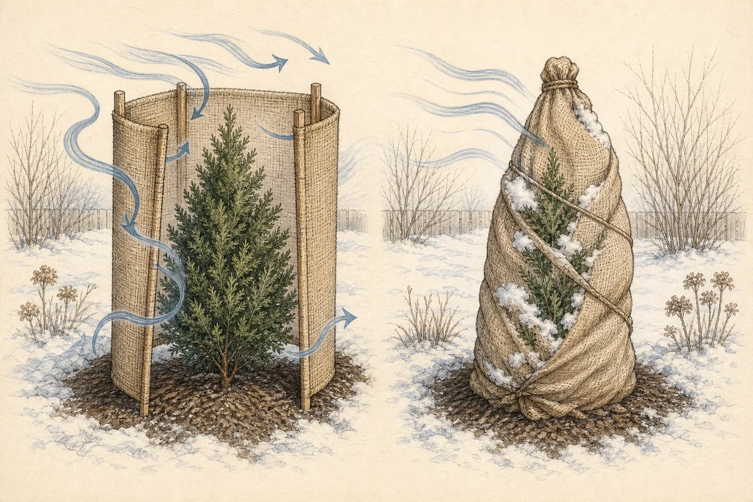 Comparison of a freestanding burlap screen with open airflow around a shrub versus a tight blanket wrap that traps snow and presses against the foliage