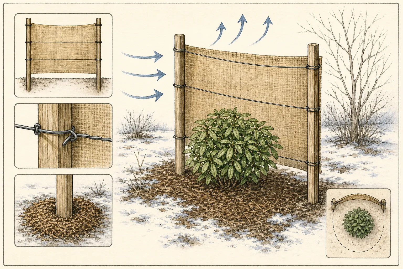 Freestanding burlap wind screen built from posts, support wire, and burlap held away from a new shrub with the top open and wind deflected around the barrier