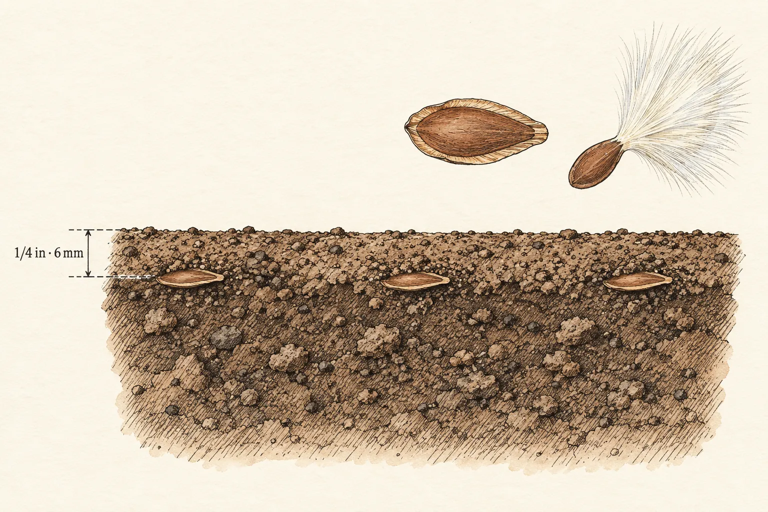 Butterfly weed seeds beneath a thin soil cover marked one quarter inch or six millimeters, with separate enlarged seed studies