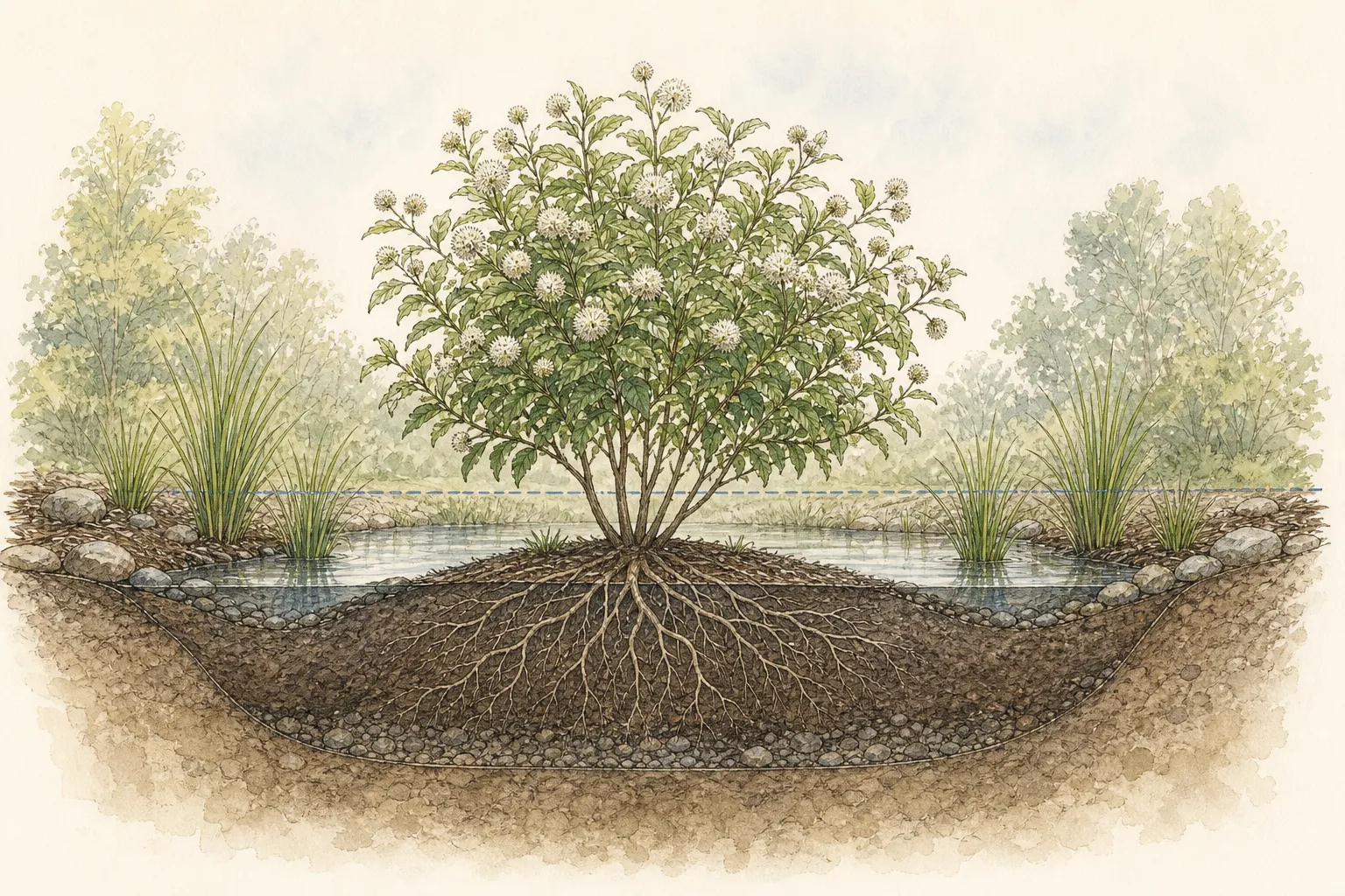 Garden study showing the placement and growth habit of Buttonbush