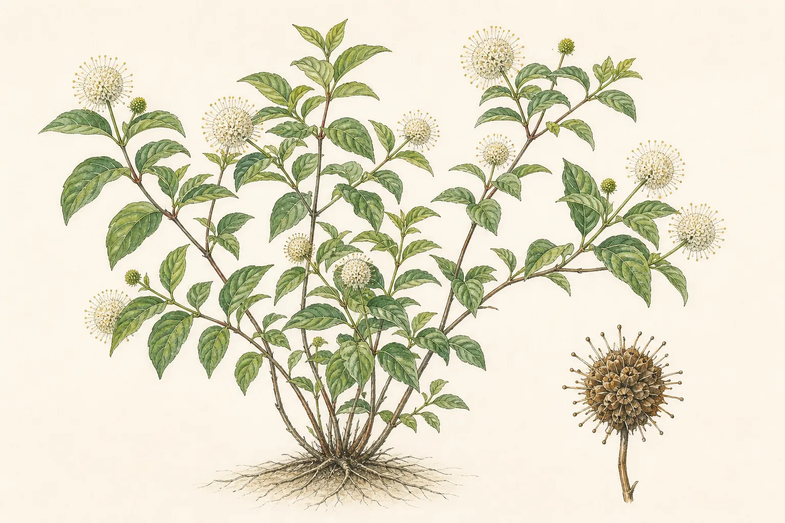 Botanical identification plate of Buttonbush, Cephalanthus occidentalis