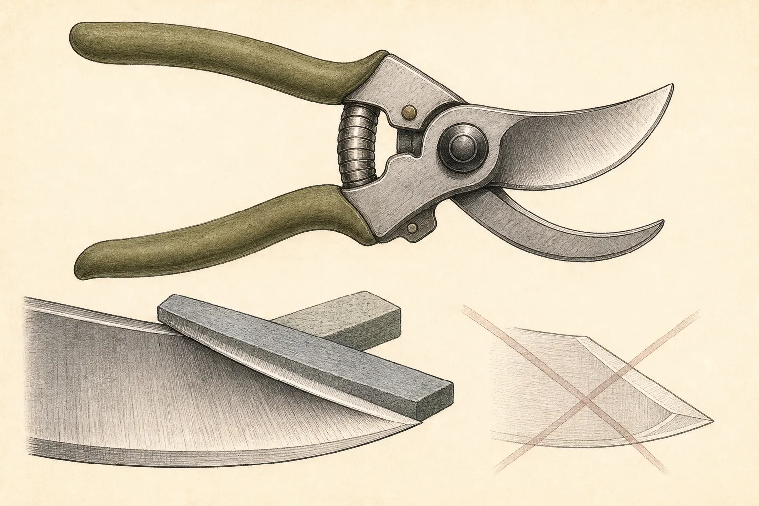 A close explanatory plate of bypass pruner blades showing the beveled cutting blade, the flat reverse side, the bypass hook, and the sharpening stone aligned to the existing bevel