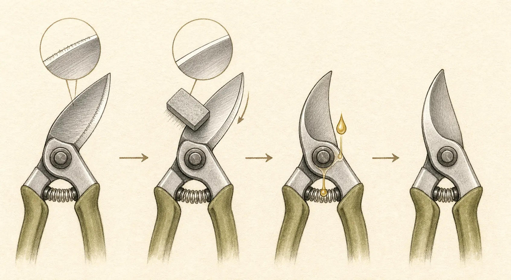 A step sequence showing heel-to-tip sharpening strokes, one light burr-removal pass on the flat side, oil at the pivot, and a final clean closing action