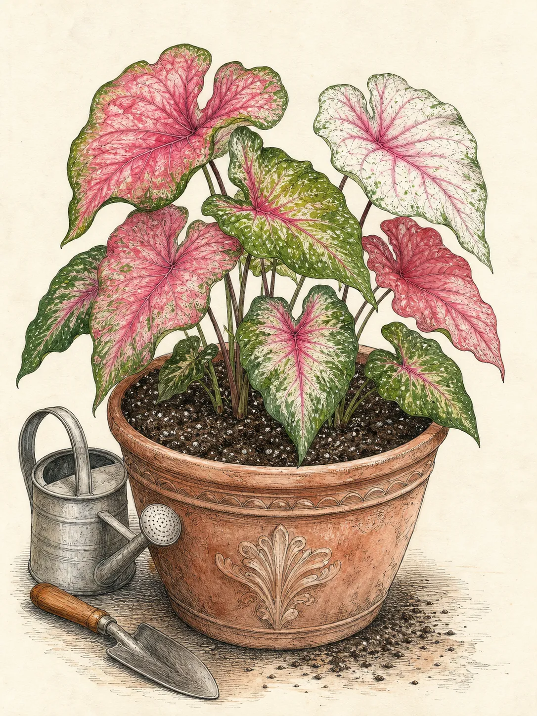 Established ornamental caladium container with broad pink, white and green leaves in bright open shade