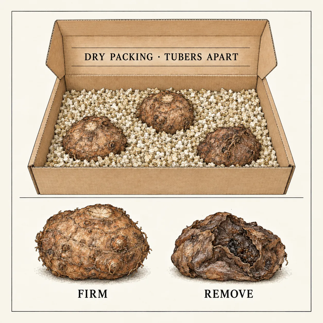 Cutaway box shows separated caladium tubers in dry vermiculite above a firm tuber and a decaying specimen to remove