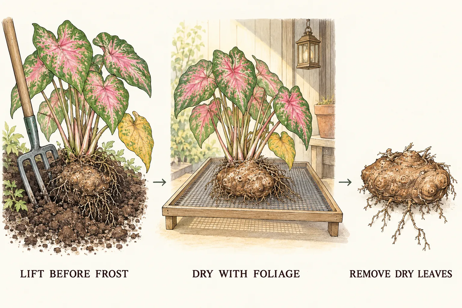 Three drawings show a caladium lifted with a fork, drying with attached foliage, and the tuber after dry leaf removal
