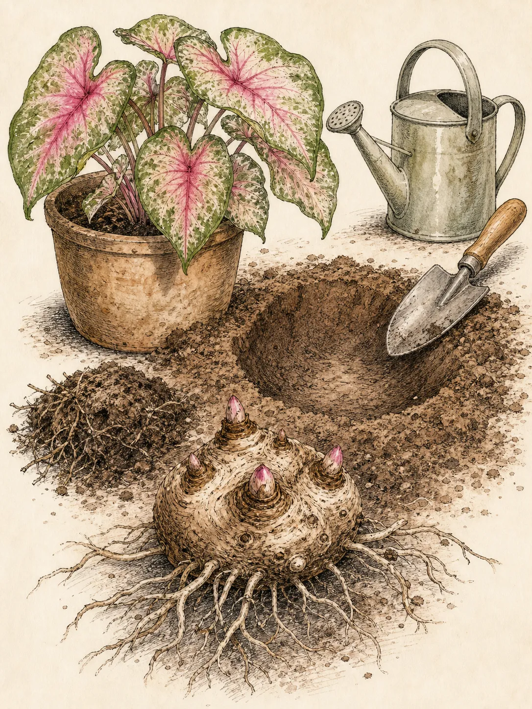 Caladium tuber with upper buds visible beside a shallow planting pocket in warm draining soil