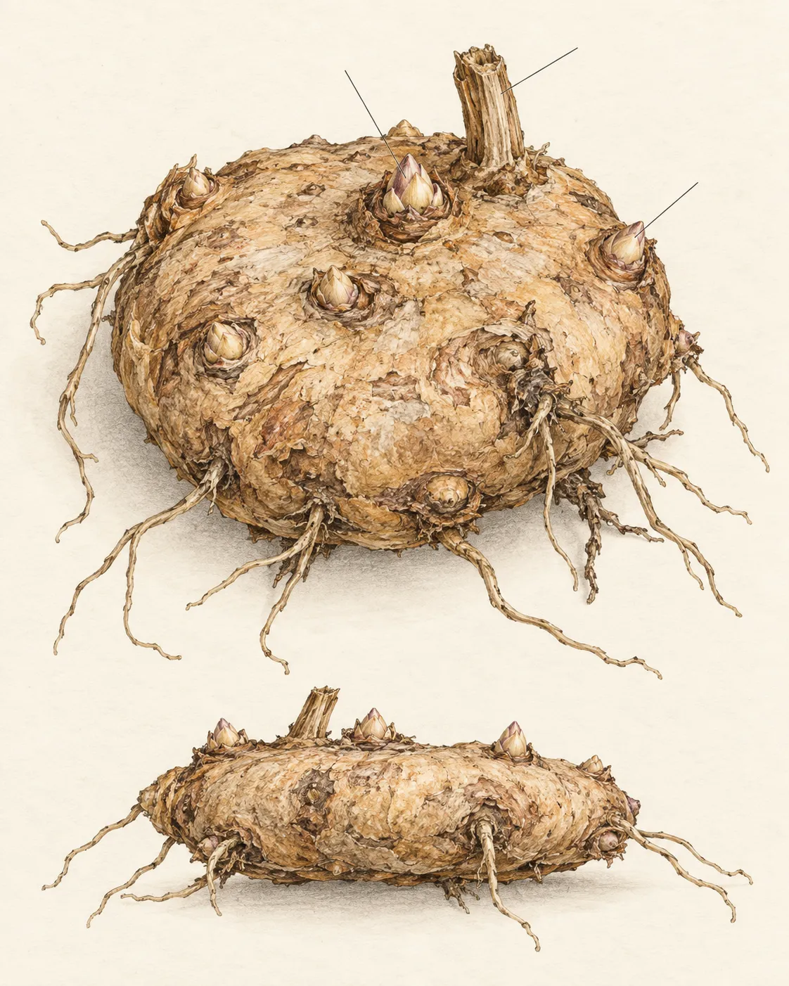 Two views of an intact flattened calla rhizome showing raised growing points, dried stem remnant and fine roots