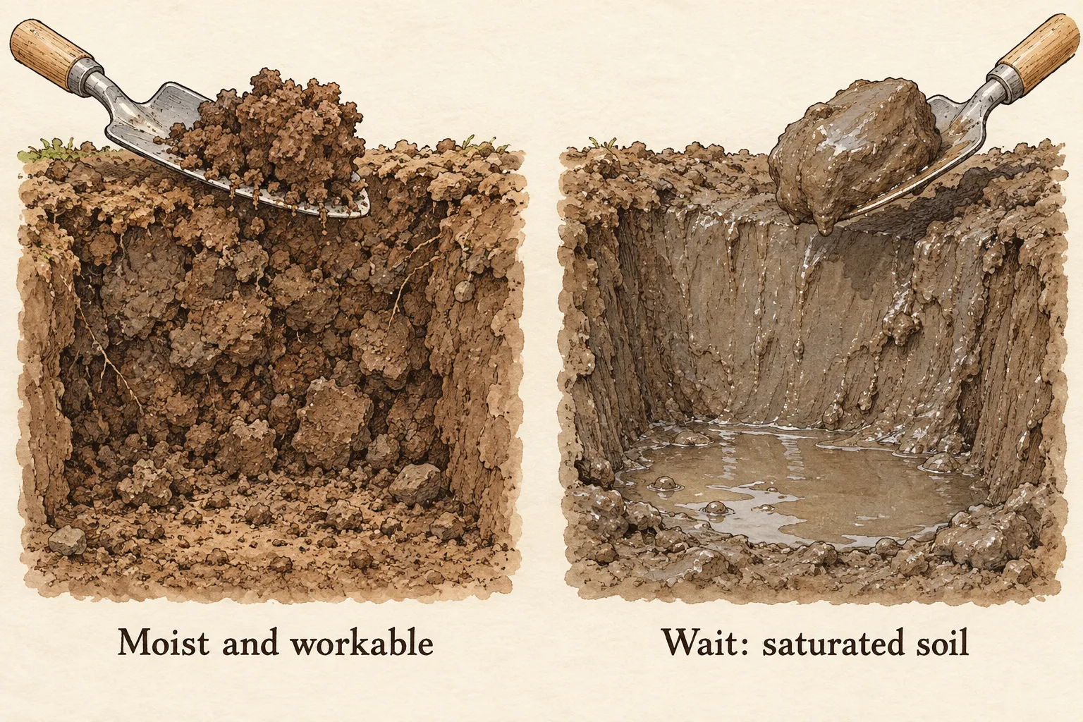 Two soil samples compare crumbly moist clay with glossy smeared clay and standing water in an inspection hole