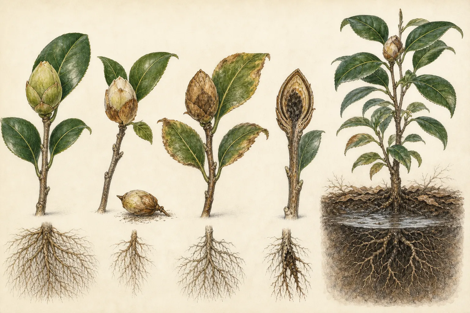 Camellia buds showing healthy, naturally shed, drought-stressed, freeze-injured, and poorly drained patterns