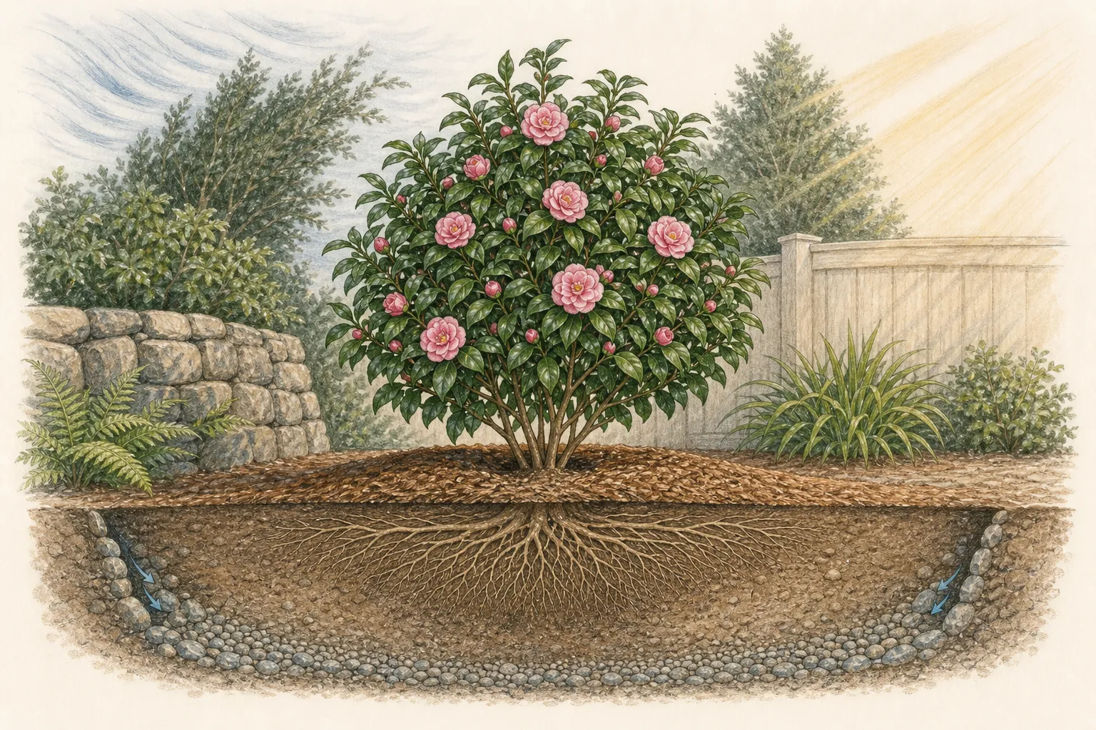Camellia with shallow roots at correct grade, broad mulch, even moisture, free drainage, shade, and wind shelter