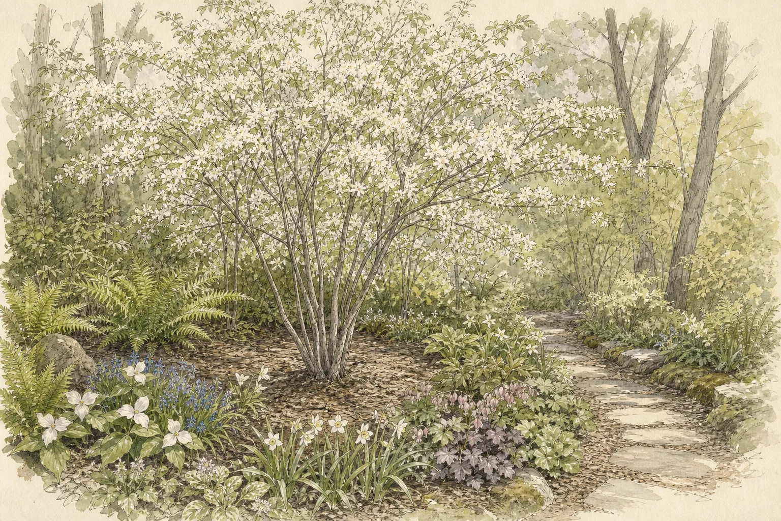 Woodland-edge garden scene with a multi-stem Canada serviceberry above ferns, spring bulbs and low shade perennials