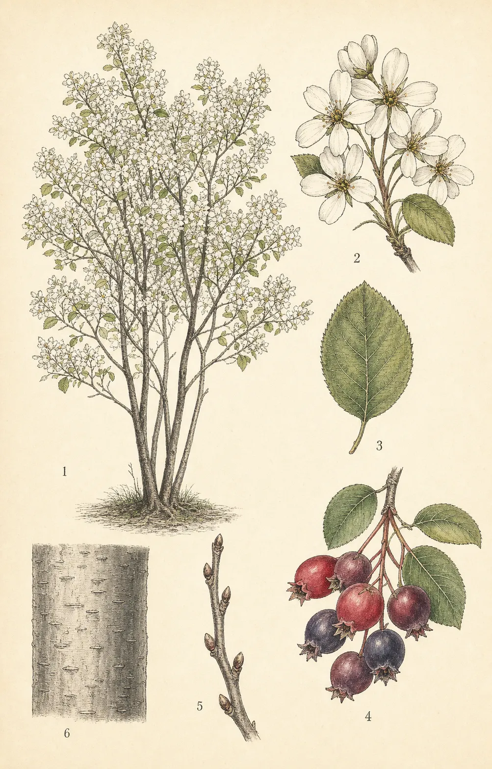 Botanical plate of Canada serviceberry showing multi-stem habit, white flowers, toothed leaf, colored fruit, twig and bark