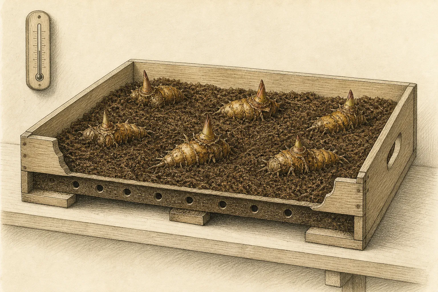 Ventilated shallow tray holds canna rhizomes partly exposed in a light packing medium beside a simple thermometer