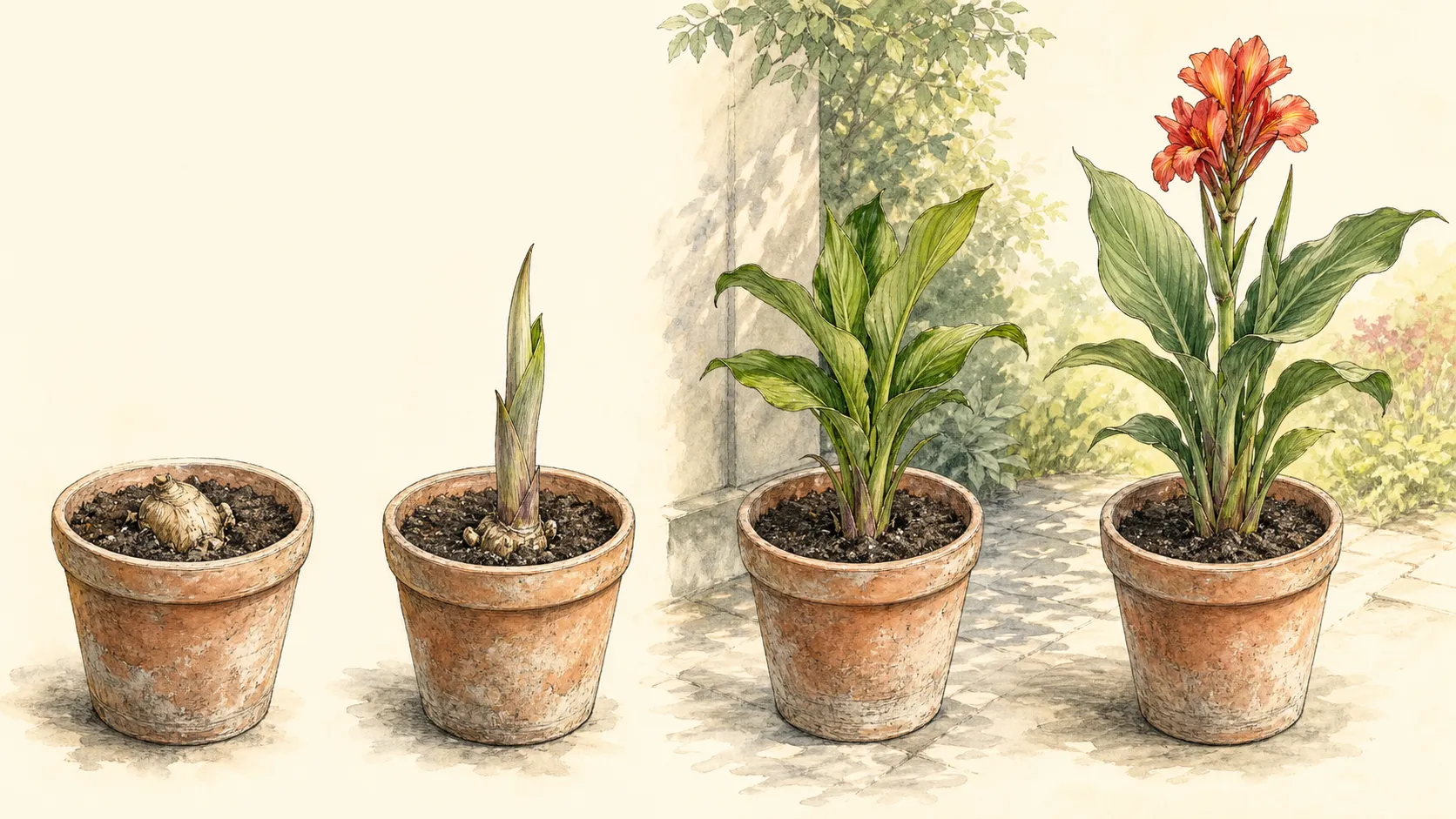 Four-stage sequence from dormant potted canna through shoots, leafy indoor growth and gradual outdoor acclimation