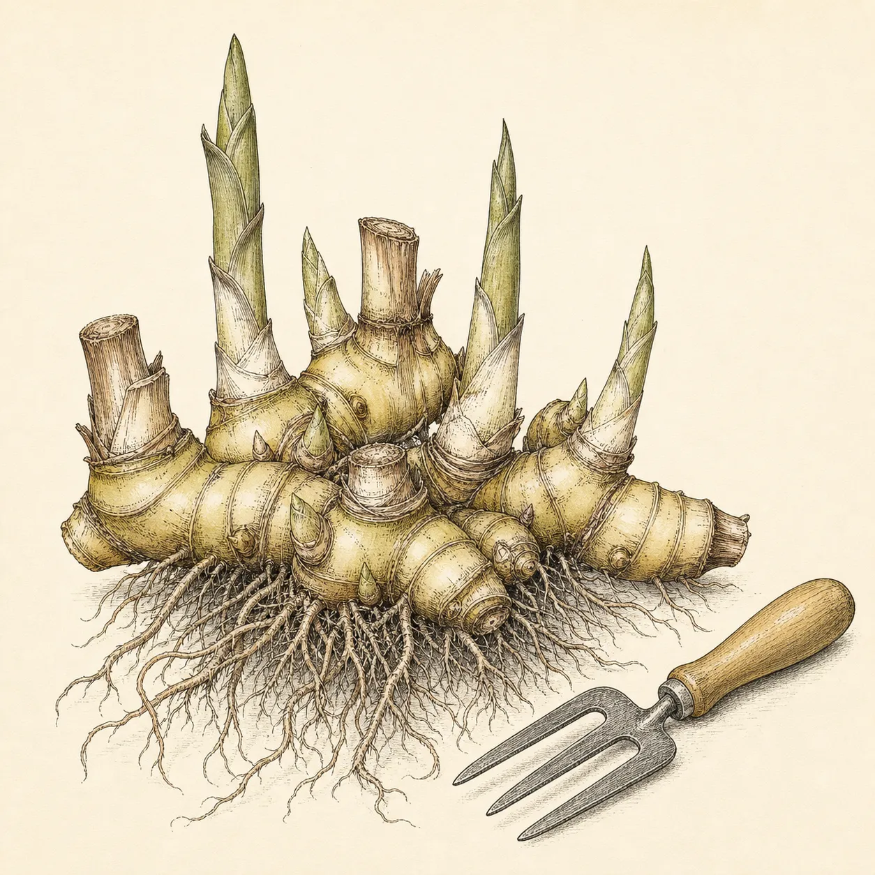 Botanical plate of a canna rhizome showing horizontal segments, raised buds, stem bases, and fibrous roots