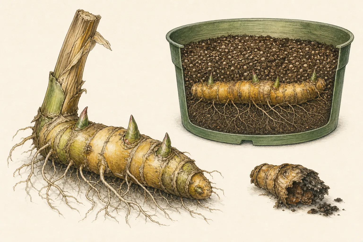 Healthy canna rhizome with growing points, roots and a shallow pot beside one rejected rotted section