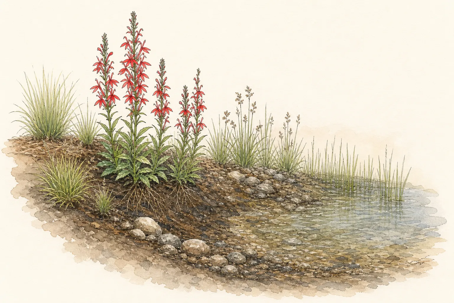 Garden study showing the placement and growth habit of Cardinal Flower
