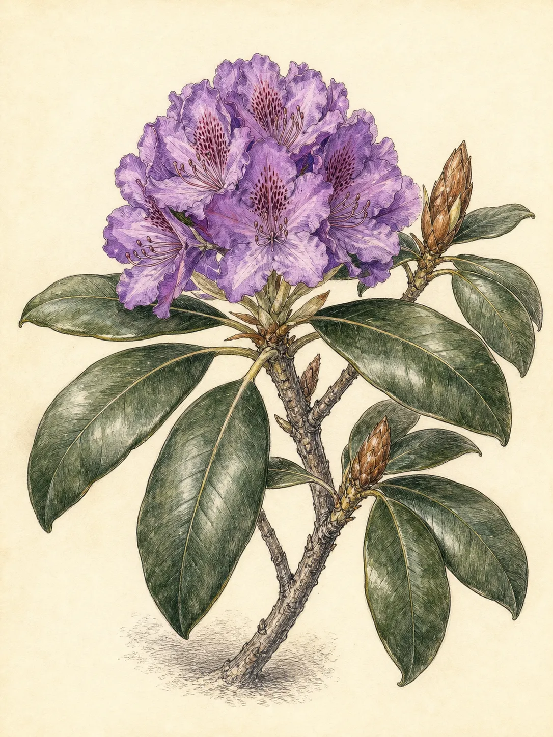 Catawba rhododendron branch with leathery evergreen leaves, terminal buds and a rounded violet flower truss